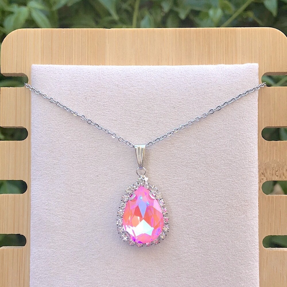 Pink Aurora Borealis + Silver Crystal Halo Pear Drop Pendant Necklace - Picture 11 of 11